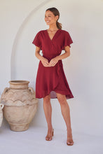 Load image into Gallery viewer, Zahara Chiffon Plum Red Cross Over Tie Waist Evening Dress