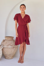 Load image into Gallery viewer, Zahara Chiffon Plum Red Cross Over Tie Waist Evening Dress