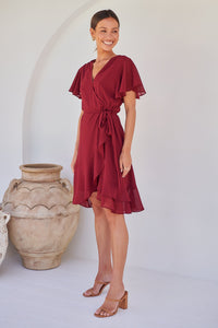 Zahara Chiffon Plum Red Cross Over Tie Waist Evening Dress