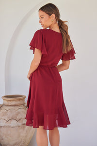 Zahara Chiffon Plum Red Cross Over Tie Waist Evening Dress