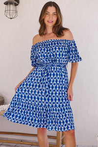 Bastille Blue/White Print Off Shoulder Dress
