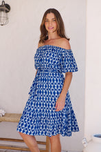 Load image into Gallery viewer, Bastille Blue/White Print Off Shoulder Dress