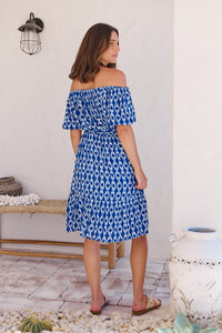 Bastille Blue/White Print Off Shoulder Dress
