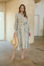 Load image into Gallery viewer, Stassie Long Sleeve Collared Beige/Black Print Button Midi Dress