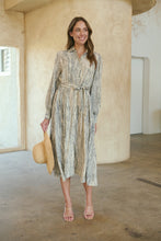 Load image into Gallery viewer, Stassie Long Sleeve Collared Beige/Black Print Button Midi Dress