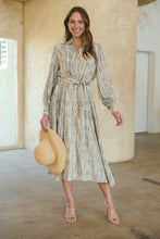 Load image into Gallery viewer, Stassie Long Sleeve Collared Beige/Black Print Button Midi Dress