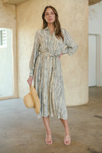 Load image into Gallery viewer, Stassie Long Sleeve Collared Beige/Black Print Button Midi Dress