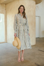 Load image into Gallery viewer, Stassie Long Sleeve Collared Beige/Black Print Button Midi Dress