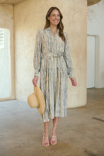 Load image into Gallery viewer, Stassie Long Sleeve Collared Beige/Black Print Button Midi Dress