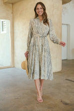 Load image into Gallery viewer, Stassie Long Sleeve Collared Beige/Black Print Button Midi Dress