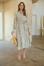 Load image into Gallery viewer, Stassie Long Sleeve Collared Beige/Black Print Button Midi Dress