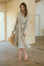 Load image into Gallery viewer, Stassie Long Sleeve Collared Beige/Black Print Button Midi Dress