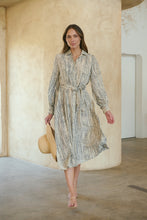 Load image into Gallery viewer, Stassie Long Sleeve Collared Beige/Black Print Button Midi Dress