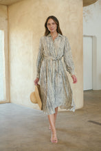 Load image into Gallery viewer, Stassie Long Sleeve Collared Beige/Black Print Button Midi Dress