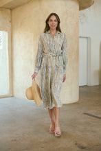 Load image into Gallery viewer, Stassie Long Sleeve Collared Beige/Black Print Button Midi Dress