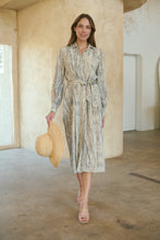 Load image into Gallery viewer, Stassie Long Sleeve Collared Beige/Black Print Button Midi Dress