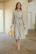 Load image into Gallery viewer, Stassie Long Sleeve Collared Beige/Black Print Button Midi Dress