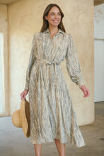 Load image into Gallery viewer, Stassie Long Sleeve Collared Beige/Black Print Button Midi Dress