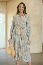 Load image into Gallery viewer, Stassie Long Sleeve Collared Beige/Black Print Button Midi Dress