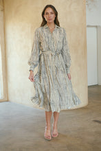 Load image into Gallery viewer, Stassie Long Sleeve Collared Beige/Black Print Button Midi Dress