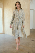 Load image into Gallery viewer, Stassie Long Sleeve Collared Beige/Black Print Button Midi Dress