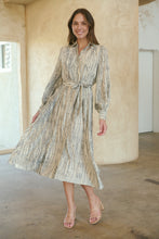 Load image into Gallery viewer, Stassie Long Sleeve Collared Beige/Black Print Button Midi Dress