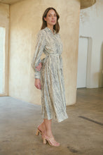 Load image into Gallery viewer, Stassie Long Sleeve Collared Beige/Black Print Button Midi Dress