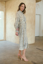 Load image into Gallery viewer, Stassie Long Sleeve Collared Beige/Black Print Button Midi Dress