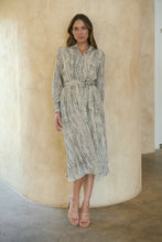 Load image into Gallery viewer, Stassie Long Sleeve Collared Beige/Black Print Button Midi Dress