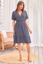 Load image into Gallery viewer, Dohar Cap Sleeve Navy Print Button Front Dress