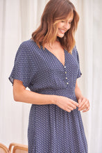 Load image into Gallery viewer, Dohar Cap Sleeve Navy Print Button Front Dress