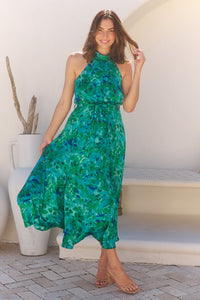 Candice Emerald/Blue Print Sleeveless High neck Evening Dress