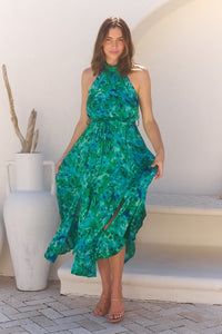 Candice Emerald/Blue Print Sleeveless High neck Evening Dress
