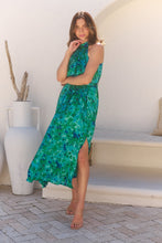 Load image into Gallery viewer, Candice Emerald/Blue Print Sleeveless High neck Evening Dress