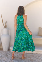 Load image into Gallery viewer, Candice Emerald/Blue Print Sleeveless High neck Evening Dress