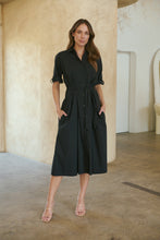 Load image into Gallery viewer, Annie Trench Style Short Sleeve Collared Black Button Midi Dress