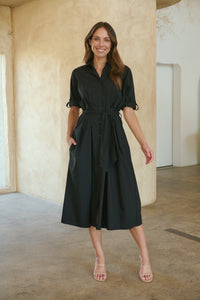 Annie Trench Style Short Sleeve Collared Black Button Midi Dress