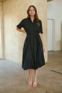 Annie Trench Style Short Sleeve Collared Black Button Midi Dress