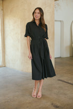 Load image into Gallery viewer, Annie Trench Style Short Sleeve Collared Black Button Midi Dress