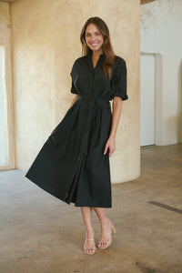 Annie Trench Style Short Sleeve Collared Black Button Midi Dress