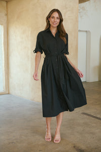 Annie Trench Style Short Sleeve Collared Black Button Midi Dress