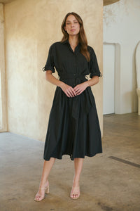 Annie Trench Style Short Sleeve Collared Black Button Midi Dress