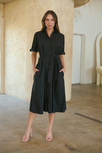 Annie Trench Style Short Sleeve Collared Black Button Midi Dress