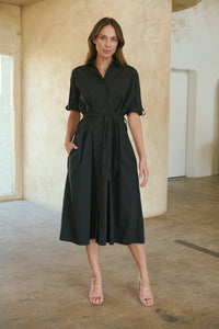 Annie Trench Style Short Sleeve Collared Black Button Midi Dress