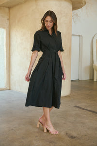 Annie Trench Style Short Sleeve Collared Black Button Midi Dress