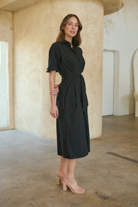 Annie Trench Style Short Sleeve Collared Black Button Midi Dress