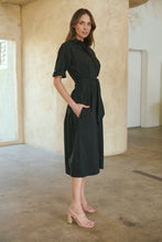 Load image into Gallery viewer, Annie Trench Style Short Sleeve Collared Black Button Midi Dress