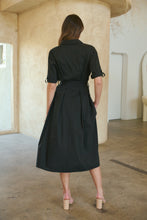 Load image into Gallery viewer, Annie Trench Style Short Sleeve Collared Black Button Midi Dress