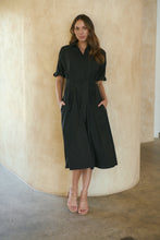 Load image into Gallery viewer, Annie Trench Style Short Sleeve Collared Black Button Midi Dress