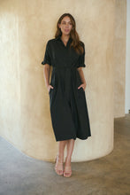 Load image into Gallery viewer, Annie Trench Style Short Sleeve Collared Black Button Midi Dress